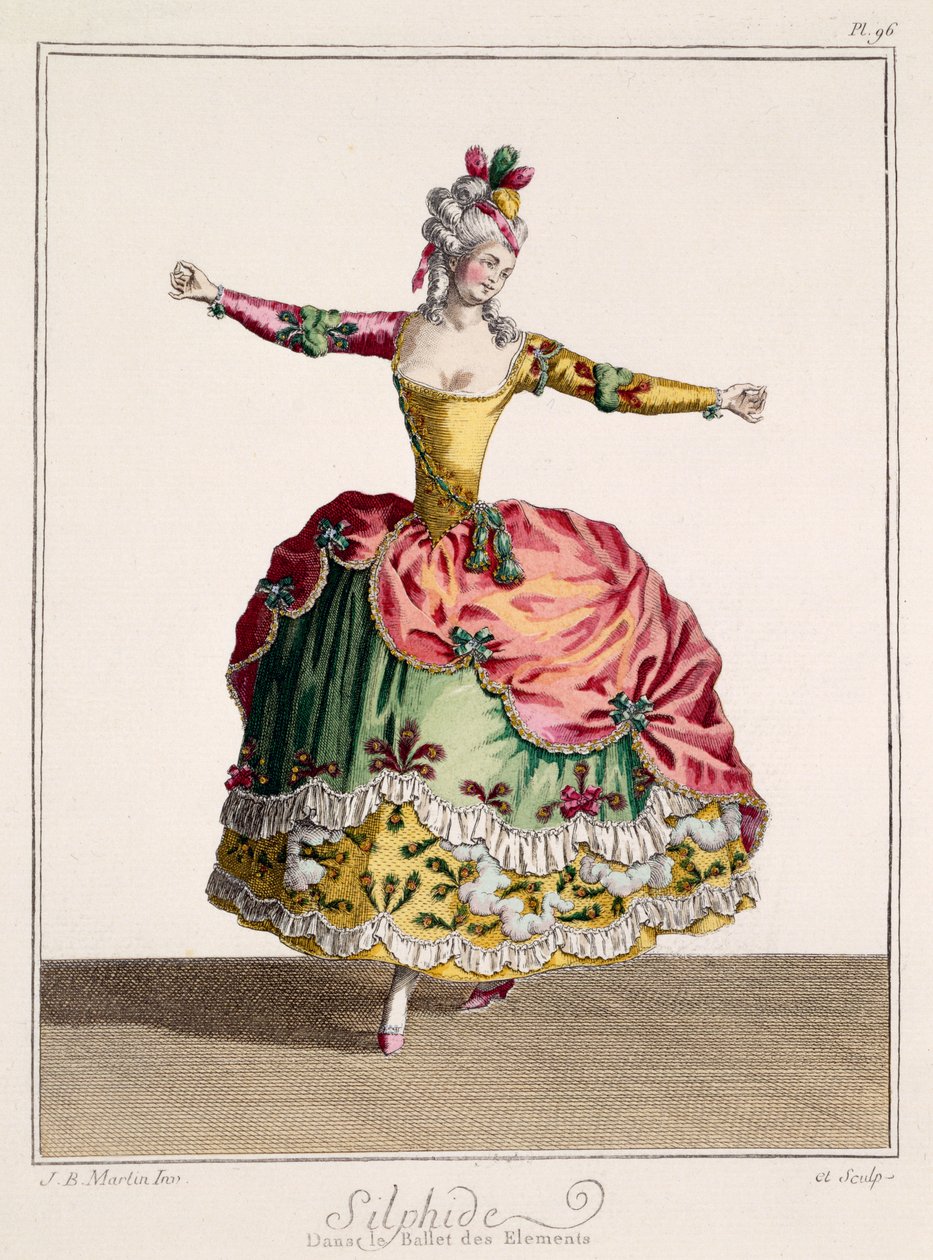 Szulfid jelmezterve az Elemek Balettjében, 18. század vége (kézzel színezett metszet) alkotó: Jean Baptiste Martin