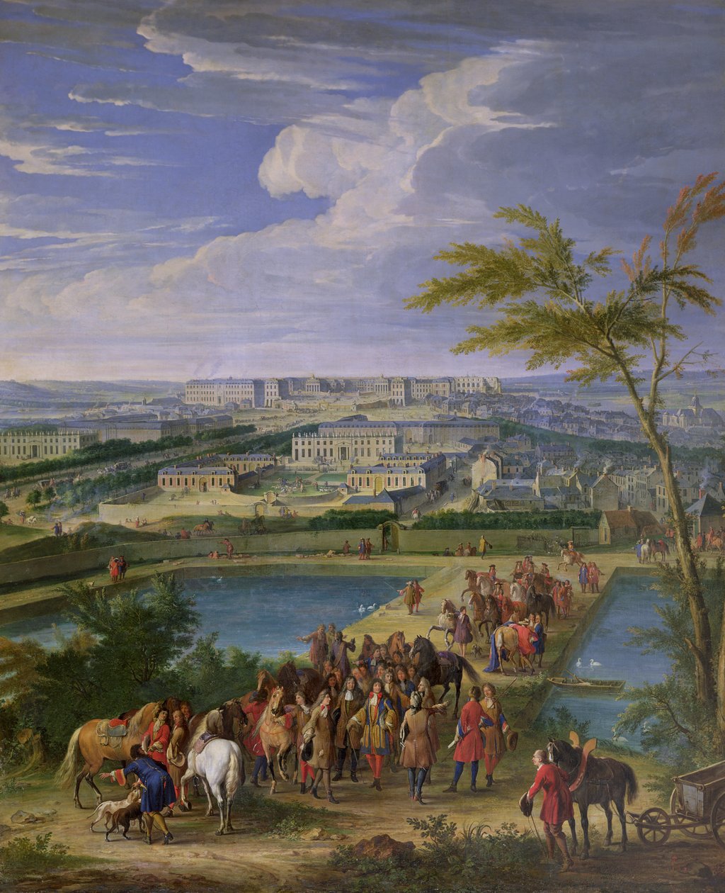 Versailles városa és kastélya a Butte de Montboron-tól, ahol XIV. Lajos (1638-1715) Louvois-val, Mansart-tal és Le Notre-val látta a vizet a Marly gépből a víztározókba, 1688 (oi alkotó: Jean Baptiste Martin