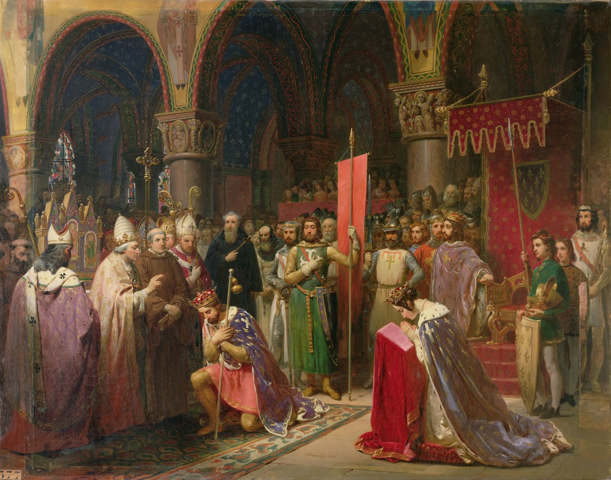 VII. Lajos (kb. 1120-1180) az ifjú, Franciaország királya átvette a zászlót St. Denisben 1147-ben, 1840 alkotó: Jean Baptiste Mauzaisse