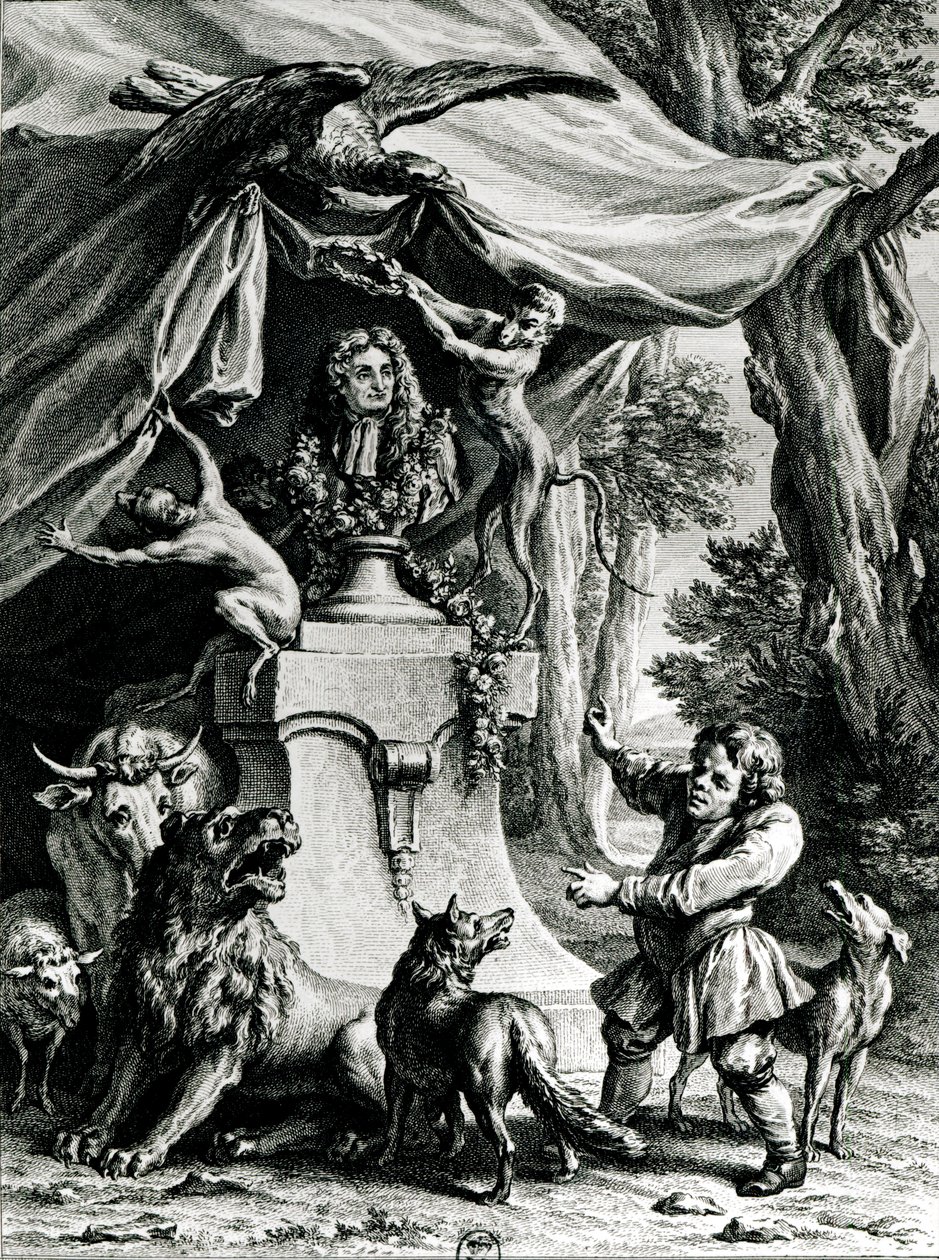 Jean de La Fontaine (1621-95) allegorikus portréja állatokkal körülvéve meséiből alkotó: Jean Baptiste Oudry