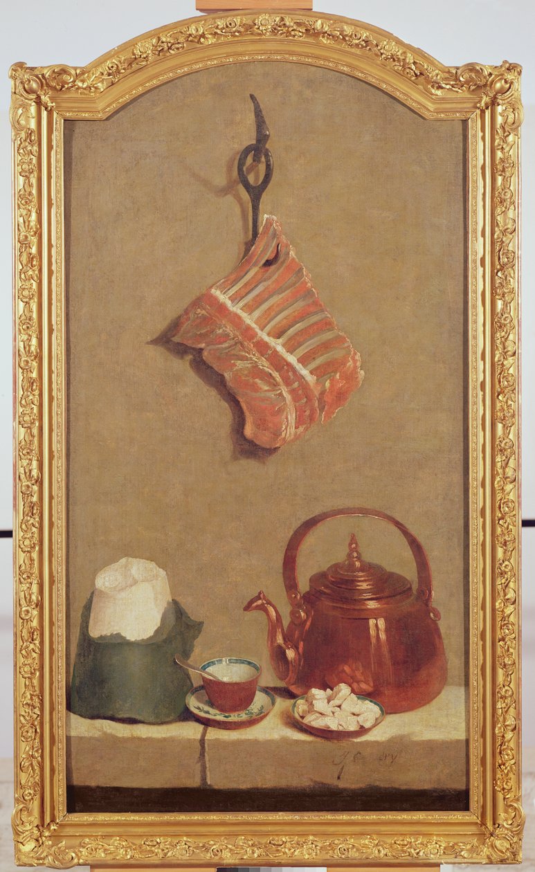 Csendélet hússal, vízforralóval, csészével, cukros cipóval és cukordarabokkal alkotó: Jean Baptiste Oudry