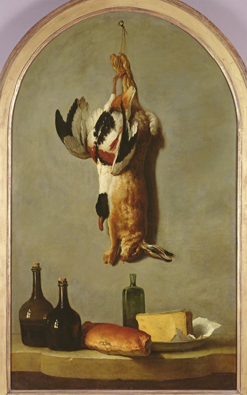 Csendélet (nyúl, kacsa, üvegek, kenyér és sajt), 1742 alkotó: Jean Baptiste Oudry