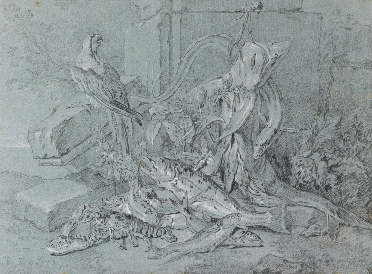 Csendélet halakkal és papagájokkal alkotó: Jean Baptiste Oudry
