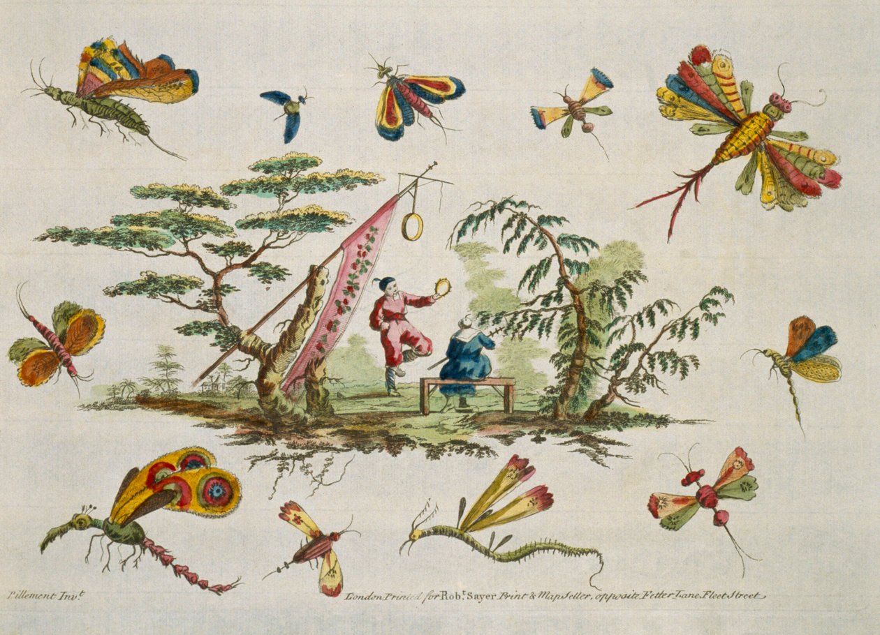 Pillangókat és két japán ruhát viselő központi figurát ábrázoló illusztráció a For Ladies Amusement..Art of Japanning című kötetből. Pillement, Jean Baptiste (1728-1808) alkotó: Jean Baptiste Pillement