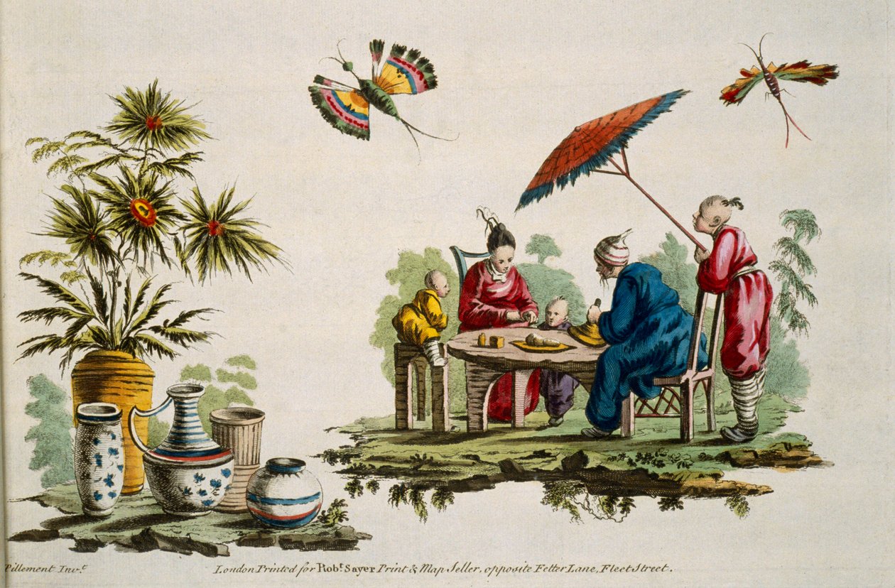 Japán ruhát és napernyőt viselő alakokat ábrázoló illusztráció a For Ladies Amusement..Art of Japanning..Pillement, Jean Baptiste (1728-1808) című műből. alkotó: Jean Baptiste Pillement