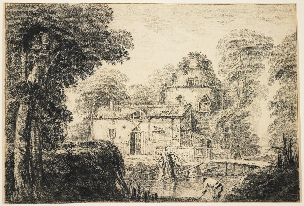 Tájkép házikóval és parasztokkal, 1770 körül (fekete kréta, krémszínű állított papírra) alkotó: Jean Baptiste Pillement