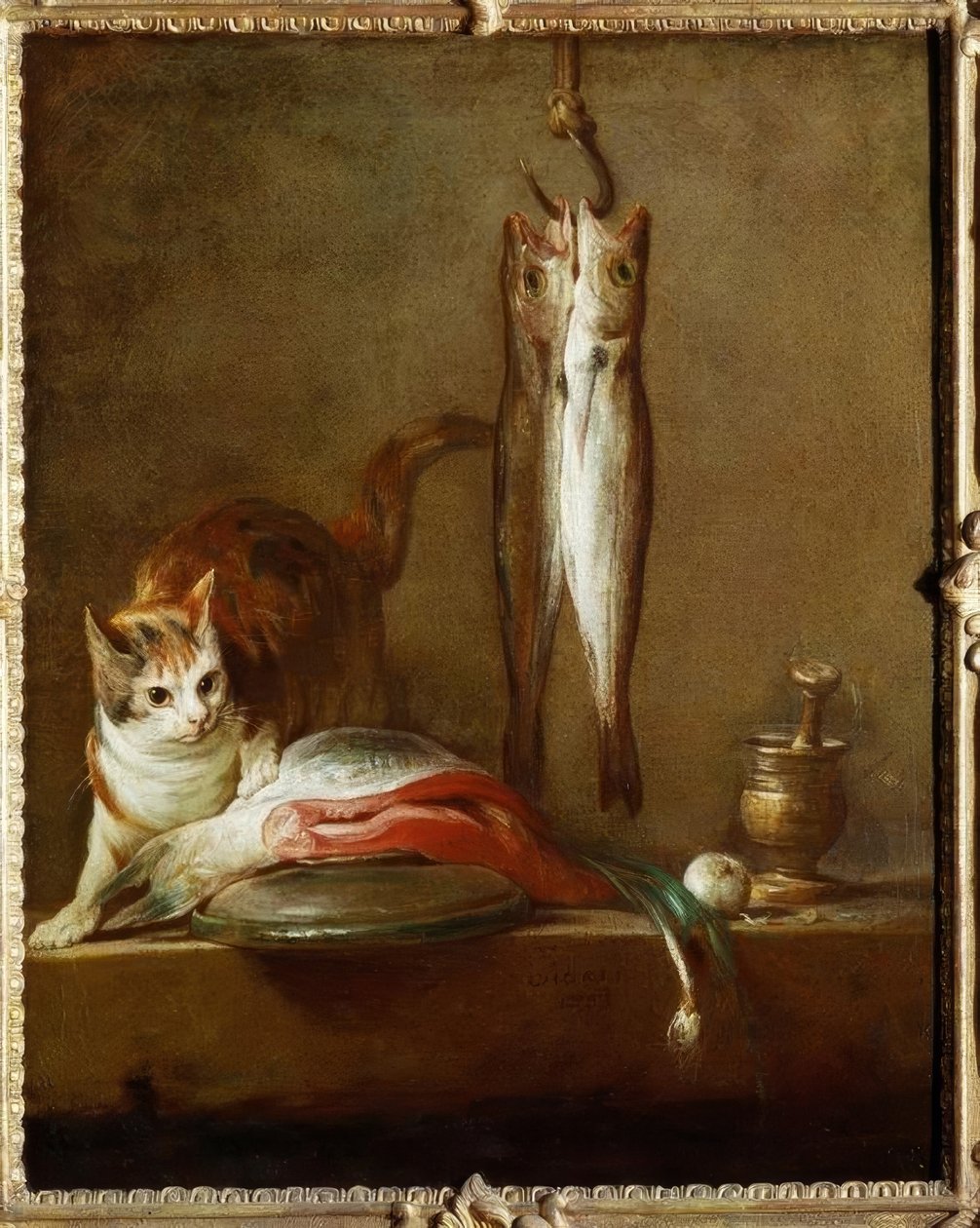 Macska lazacszelettel, két makrélával, mozsárral és csukával alkotó: Jean Baptiste Simeon Chardin