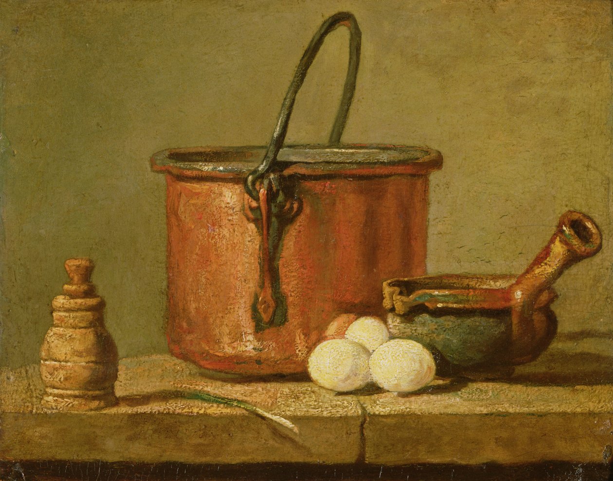 Eszközök, üst, serpenyő és tojás csendélet alkotó: Jean Baptiste Simeon Chardin