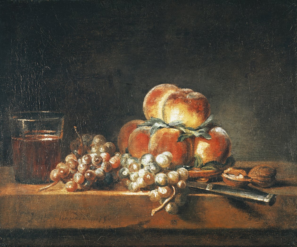 Őszibarack csendélet, dió, szőlő és egy pohár bor, 1758 alkotó: Jean Baptiste Simeon Chardin