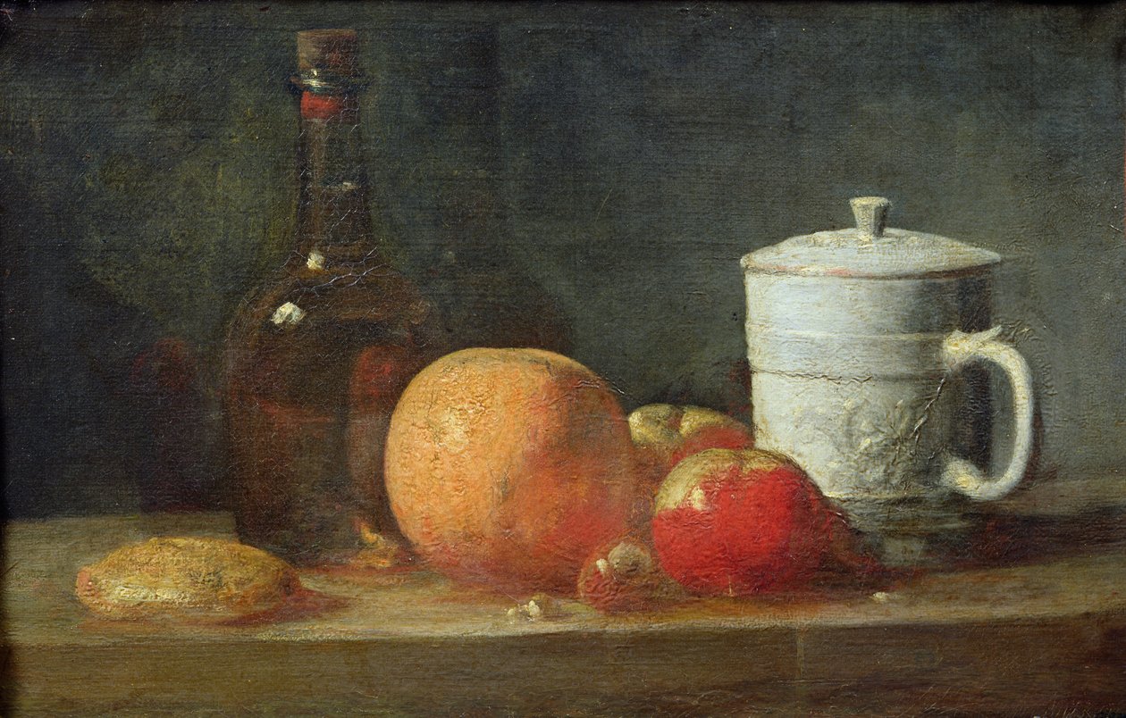 Csendélet gyümölcsökkel és borosüveggel alkotó: Jean Baptiste Simeon Chardin