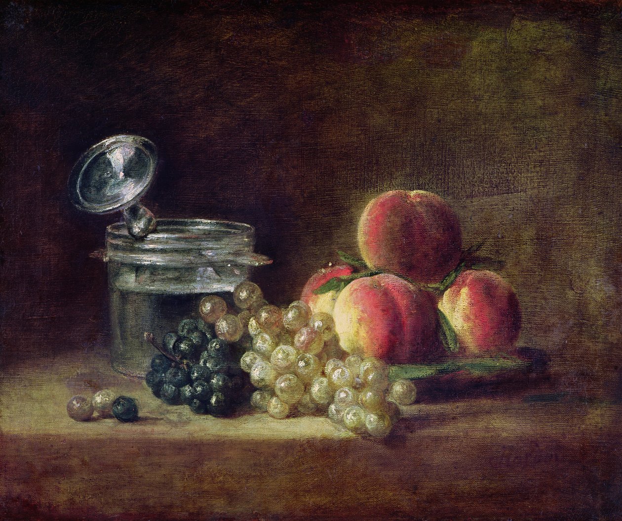 Csendélet egy kosár őszibarackkal, fehér és fekete szőlővel, hűtővel és borospohárral, 1759 körül alkotó: Jean Baptiste Simeon Chardin