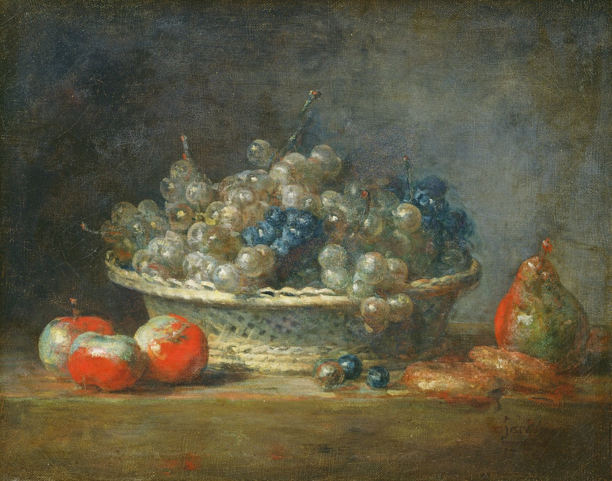 Csendélet: szőlőkosár három almával, egy körtével és két marcipánnal, 1764 alkotó: Jean Baptiste Simeon Chardin