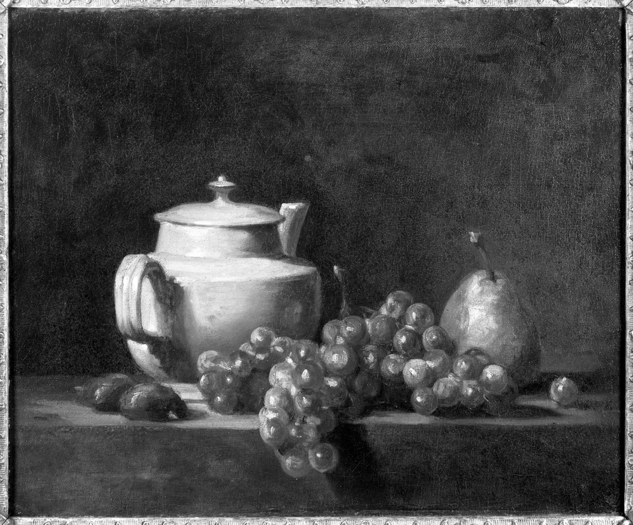 Fehér teáskanna két gesztenyével, fehér szőlővel és egy körtével alkotó: Jean Baptiste Simeon Chardin