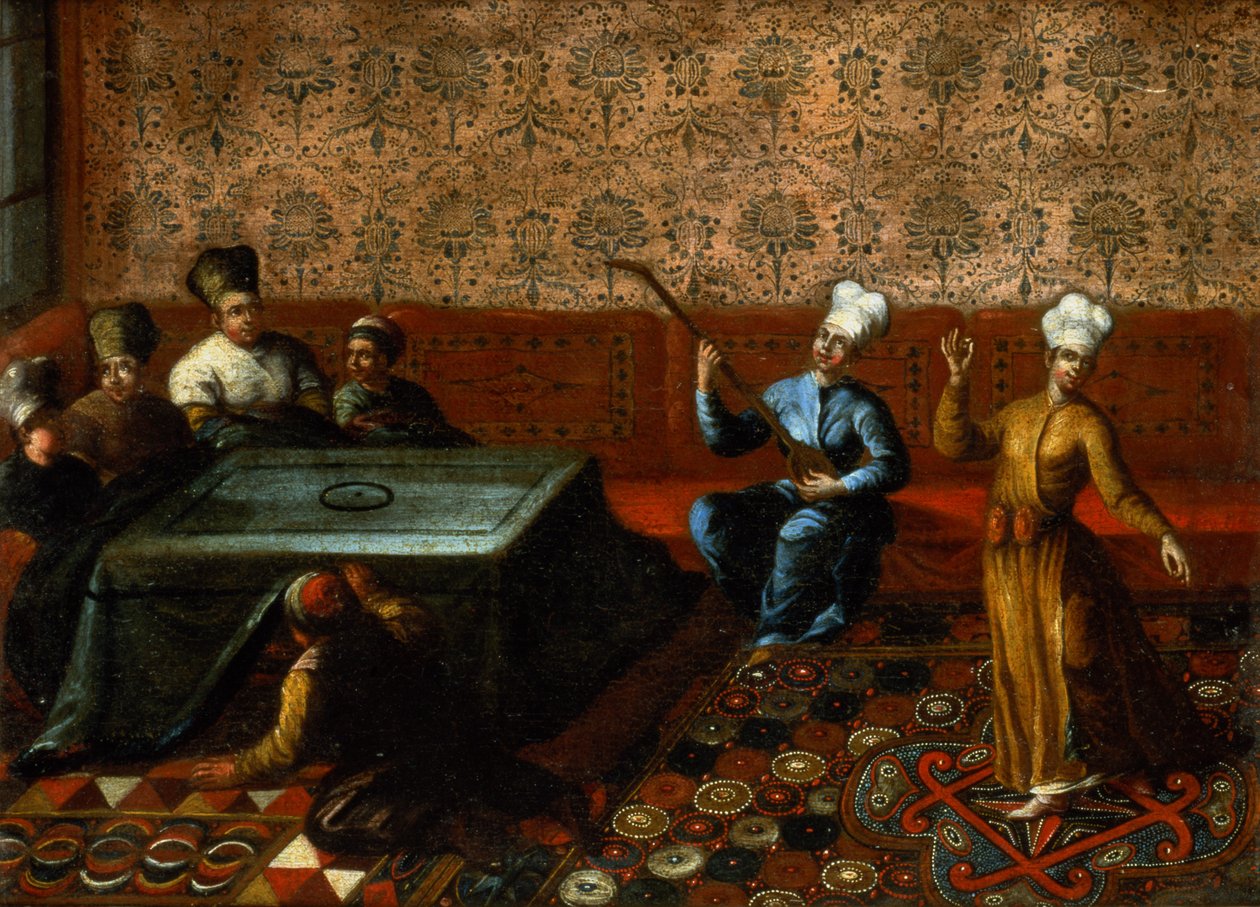 A figurák egy kursi körül gyűltek össze, előttük egy zenész és egy táncos fellép alkotó: Jean Baptiste Vanmour
