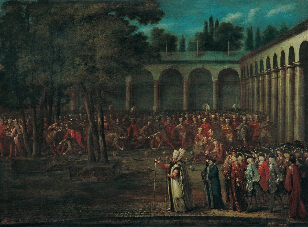 A nagyköveti küldöttség áthalad a Topkapi palota második udvarán alkotó: Jean Baptiste Vanmour