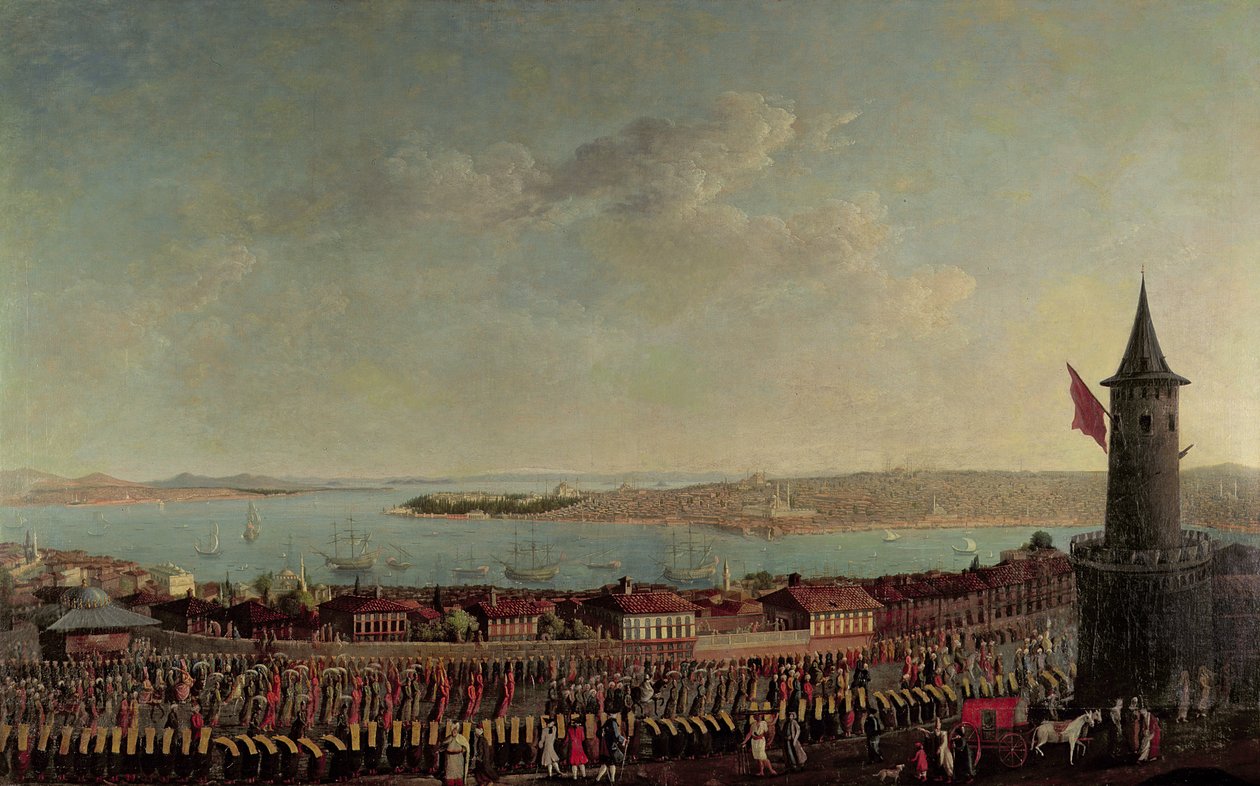 Konstantinápoly látképe a Galata-torony előtt elhaladó janicsárok menetével alkotó: Jean Baptiste Vanmour