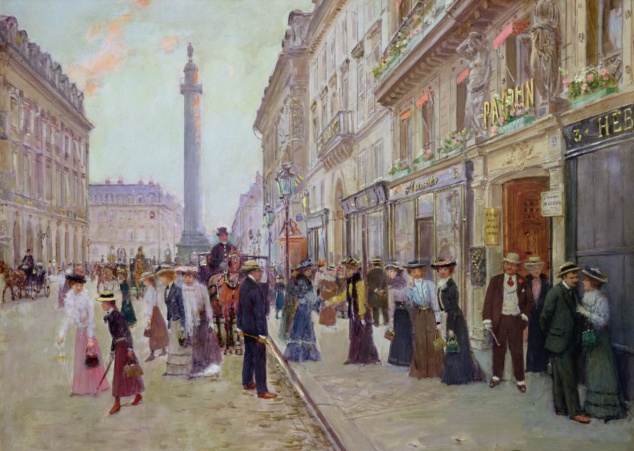 Munkások hagyják el a Maison Paquin-t a rue de la Paix-on, 1900 körül. alkotó: Jean Beraud