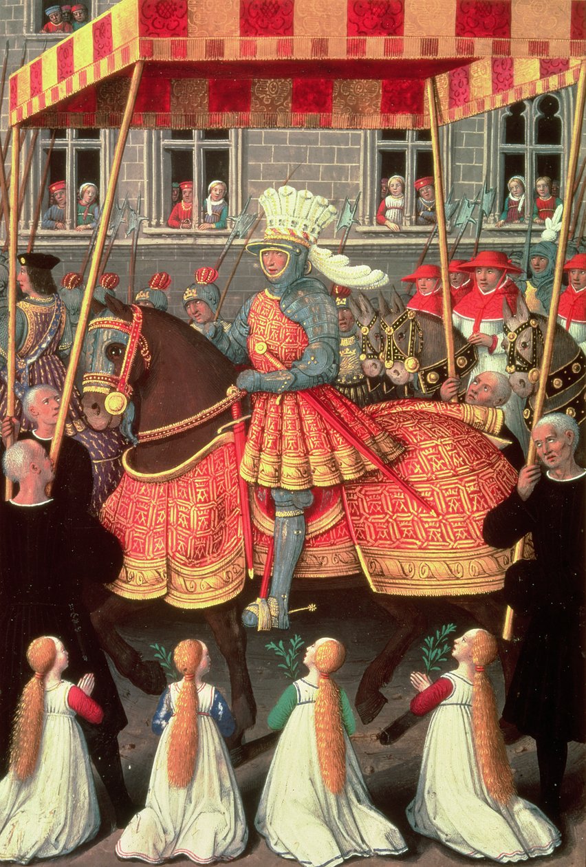 XII. Lajos (1462-1515) egy lombkorona alatt belép Genovába, majd négy bíboros követte a Bretagne-i Anna óráiból, 1515-20 alkotó: Jean Bourdichon