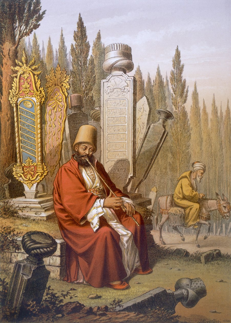 Szufi, nejin játszva, egy török temetőben ül a feliratos sírkövek között, illusztráció a "Souvenirs de Constantinople" című könyvből, pub. Párizs, 1855 körül. alkotó: Jean Brindesi