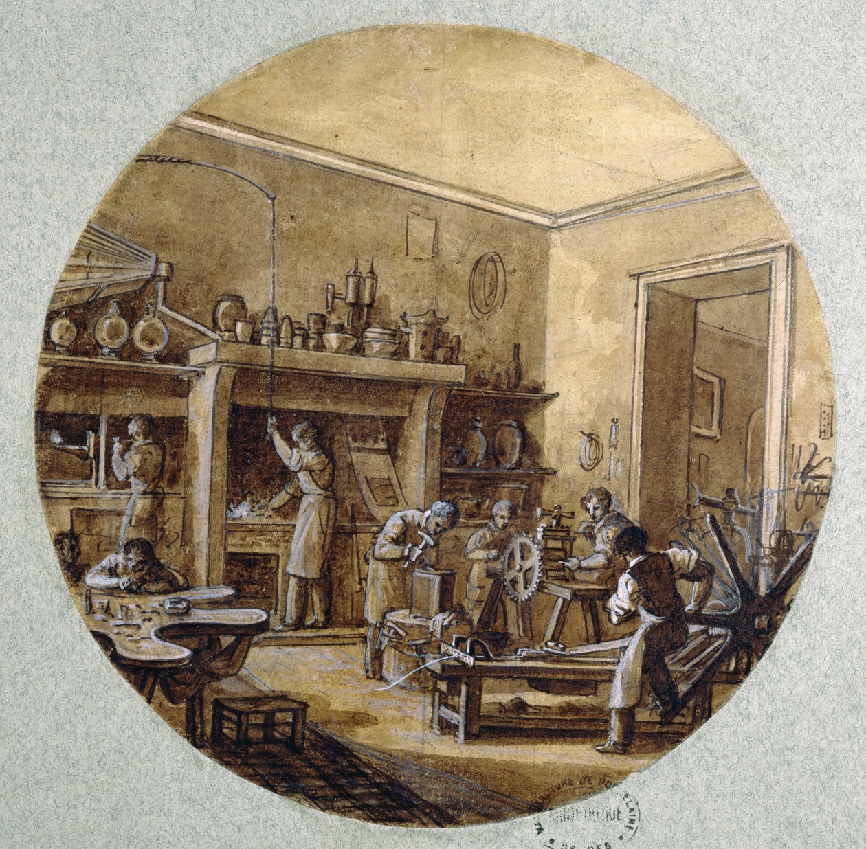 Ékszerész műhely, különböző szakmákat ábrázoló szolgáltatás tányértervezése, 1820-35 körül (toll és tinta, mosás és gouache papíron) alkotó: Jean Charles Develly
