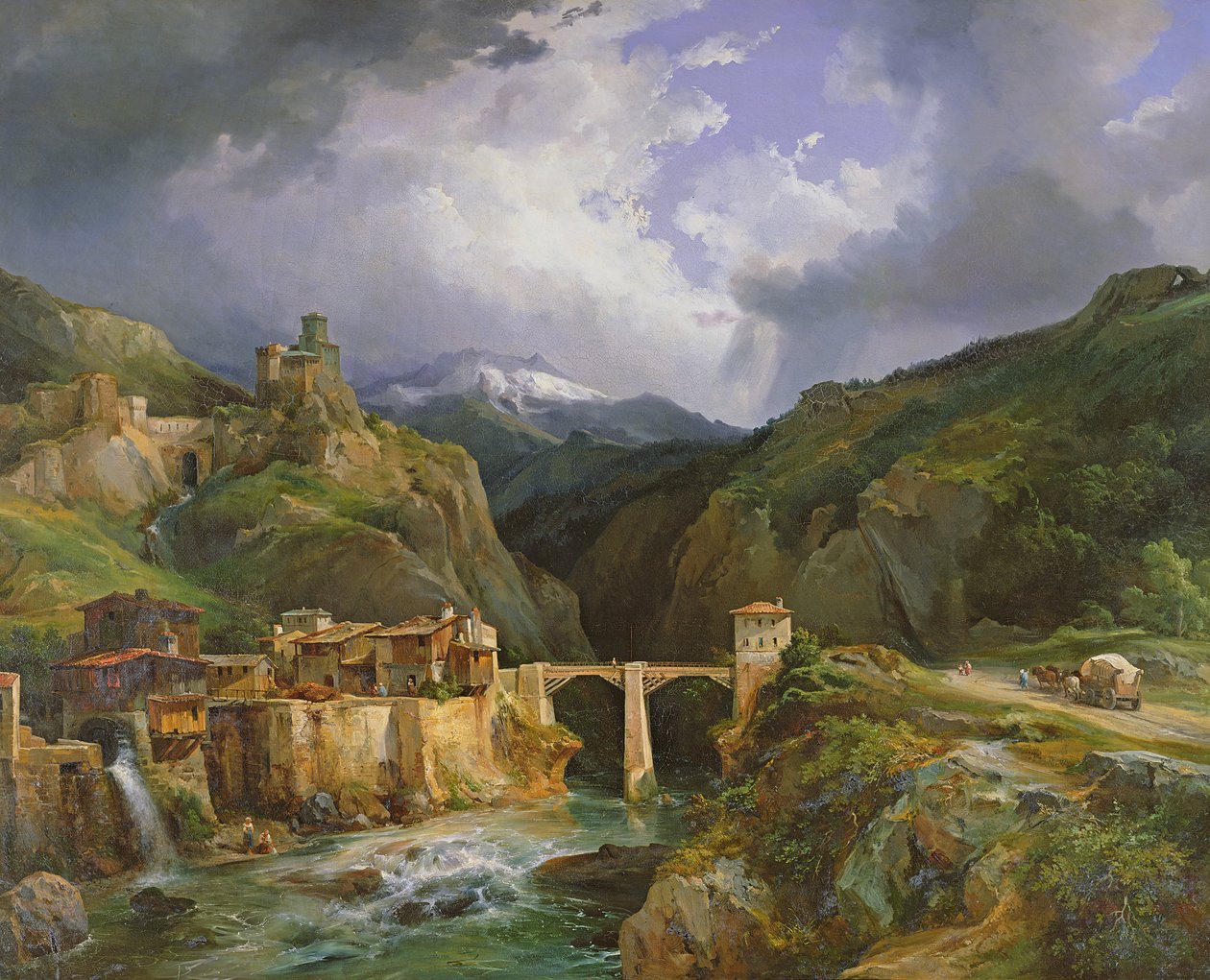 Crevola falu és hídja a Simplonból Domodossolába vezető úton, 1832 alkotó: Jean Charles Joseph Rémond