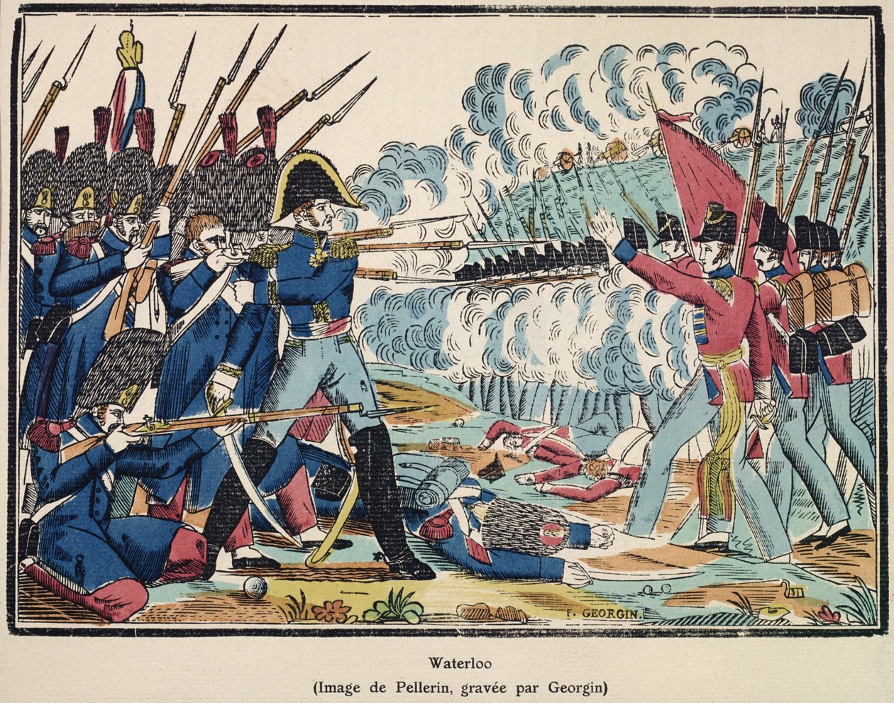 A Waterloo-i csata, 1815, vésette Francois Georgin (1801-63) az „Edition de la Revue Lorraine Illustree” kocsmából. 1912 alkotó: Jean Charles Pellerin