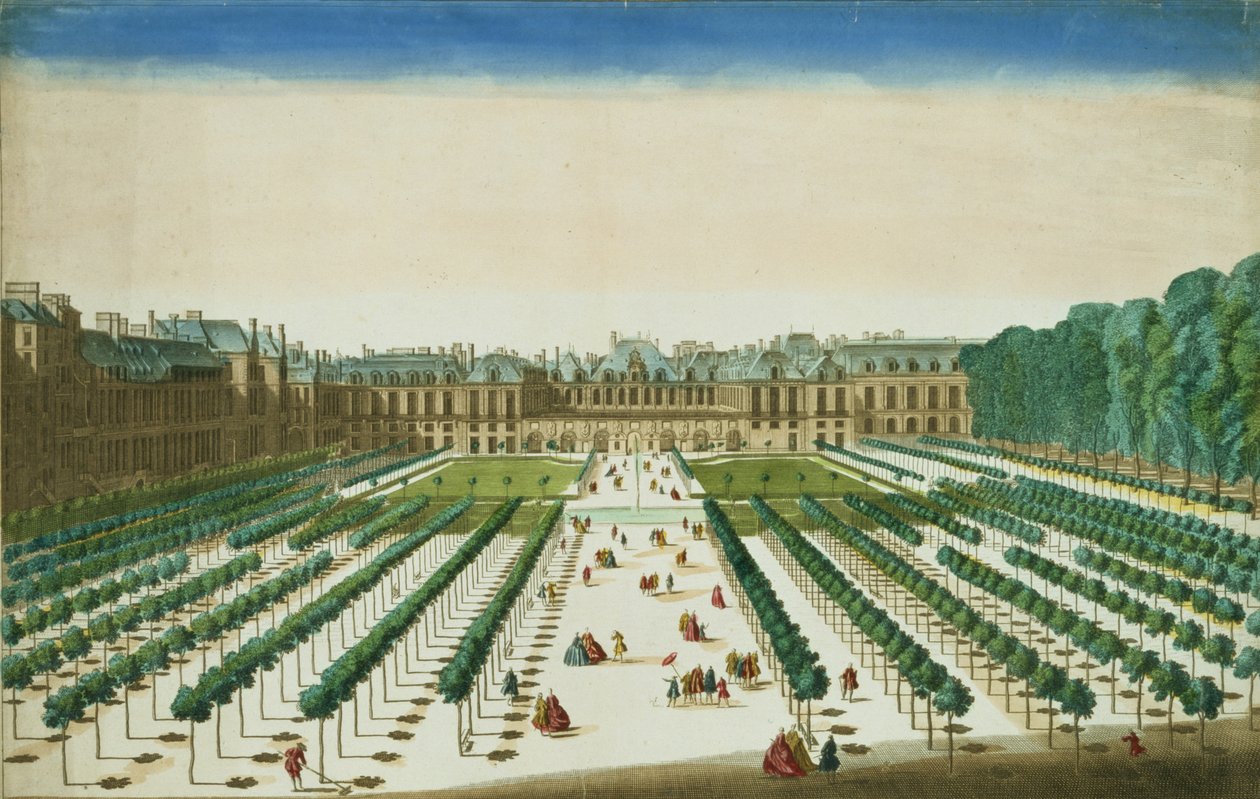 A Palais Royal kilátása és perspektívája a kert felől, Antoine Aveline (1691-1743) metszetében alkotó: Jean Chaufourier