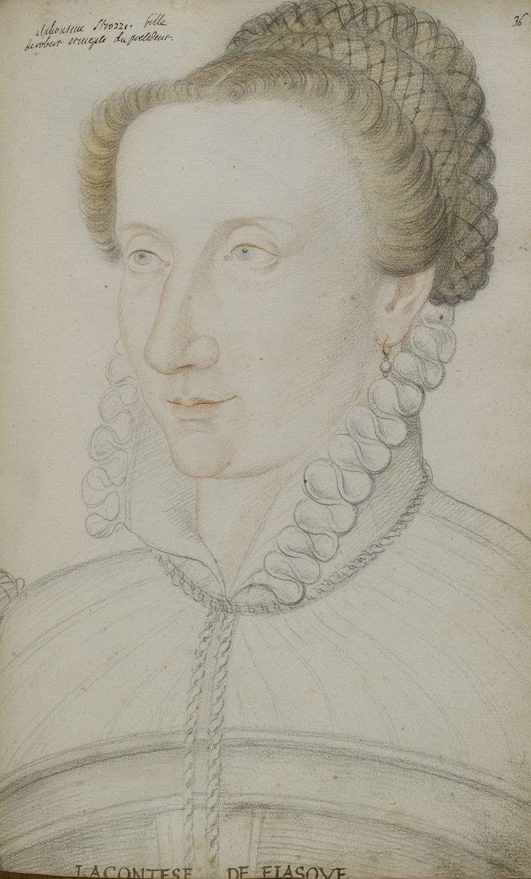 Alphonsine Strozzi (hátul, piros és sárga kréták papíron) alkotó: Jean Clouet