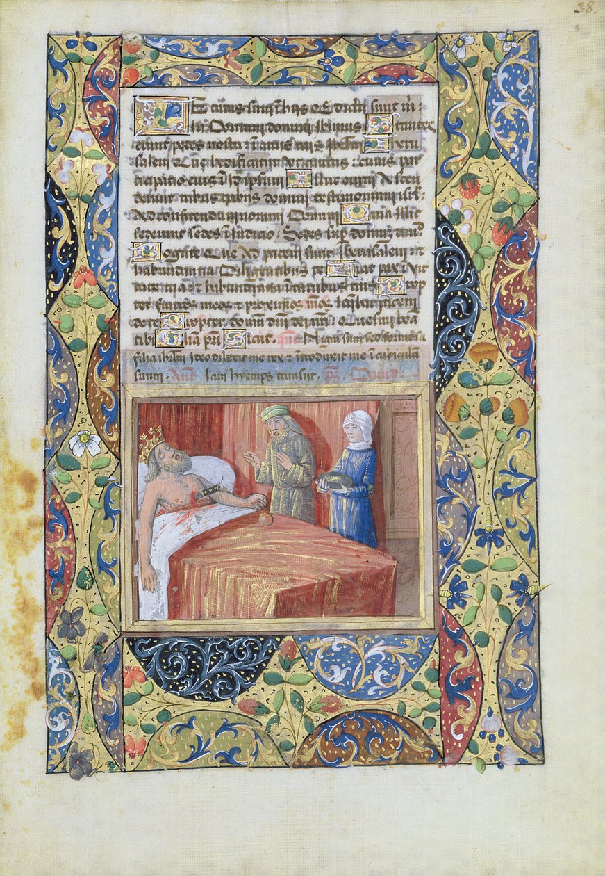 Ms Lat. Q.v.I.126 f.38 A király a szívébe döfött késsel, az "Orleans-i Lajos órák könyvéből", 1490. alkotó: Jean Colombe