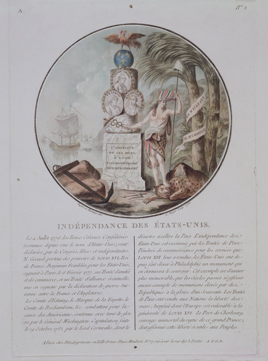 Az Egyesült Államok függetlensége, L. Roger metszete, 1786 (színes litho) alkotó: Jean Duplessis Bertaux