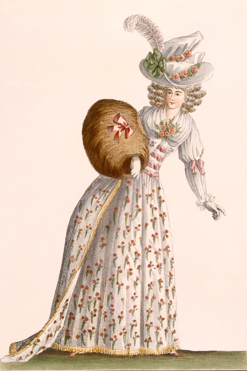 Kis virágokkal hímzett női ruha, a „Galeries des Modes et Costumes Francais”-ból, 1778-87 99: ruházat; tradicionális öltözet; népviselet; divat; ábra; c alkotó: Jean Florent Defraine