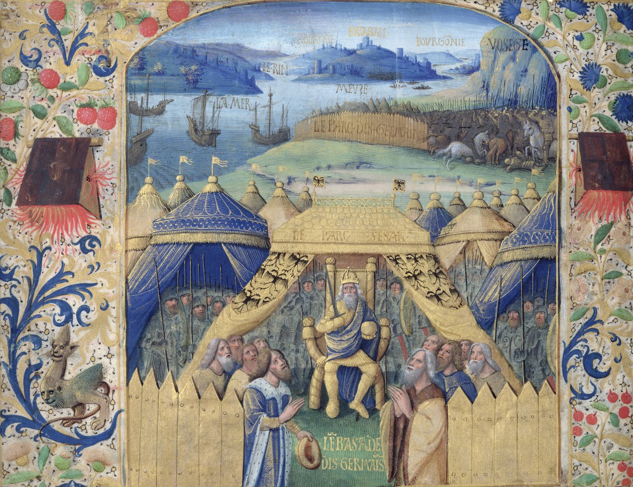 Julius Caesar (Kr. e. 100-44) A germán nagykövet fogadása, 1450 körül alkotó: Jean Fouquet