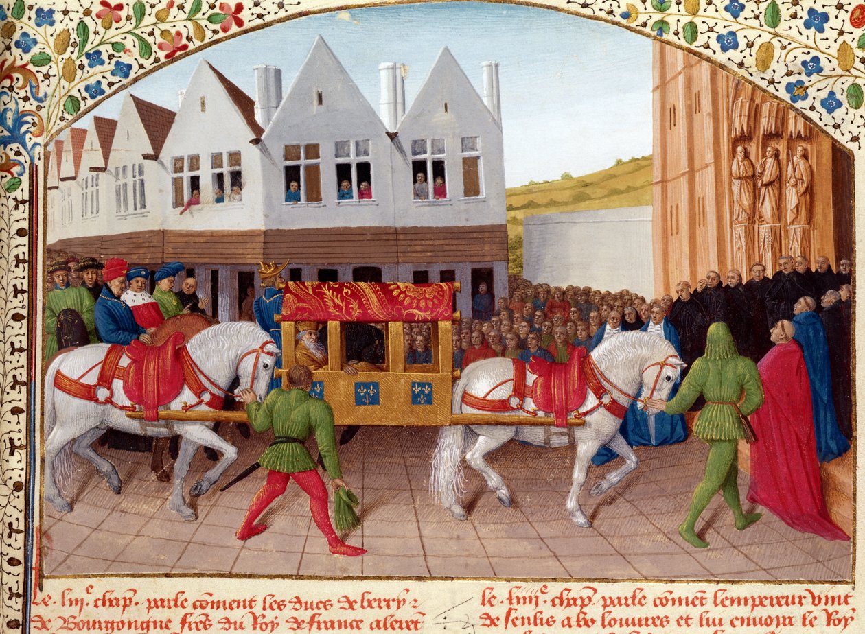 Ms Fr 6465 fol.442 IV. Károly császár (1316-78) érkezése a St. Denis-bazilikába 1378-ban, a „Les Grandes Chroniques de France”-ból, 1460 körül alkotó: Jean Fouquet