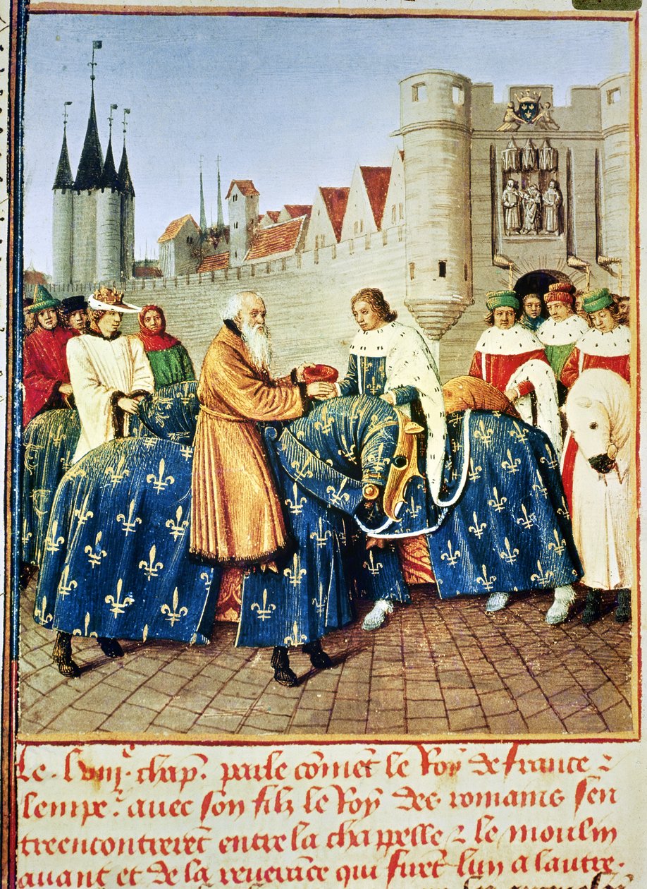 Fr. 6465, 444. évf. V. Károly (1338-80) fogadta IV. Károly császárt (1316-78) a párizsi Porte du Temple-ben, 1378 januárjában, a Les Grandes Chroniques de France-ból, 1460 körül alkotó: Jean Fouquet