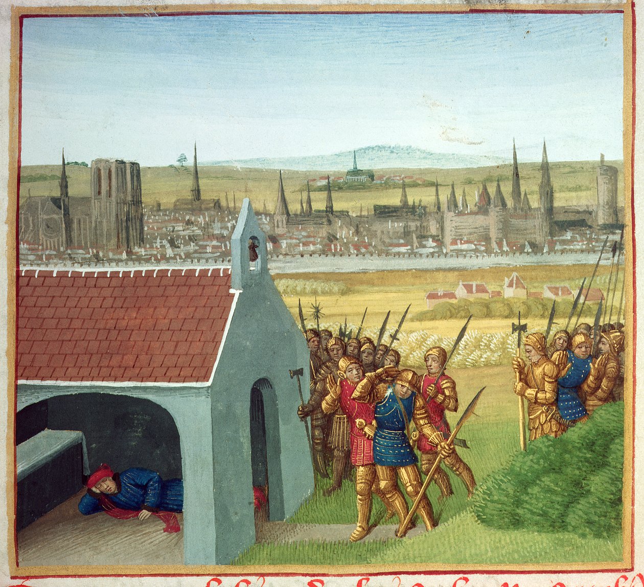 Ms Fr 6465 fol. 57 II. Clothar király (584-629) nem hozhatja vissza fiát, I. Dagobertet (605-39) Párizsba, a Les Grandes Chroniques de France-ból, 1460 körül alkotó: Jean Fouquet