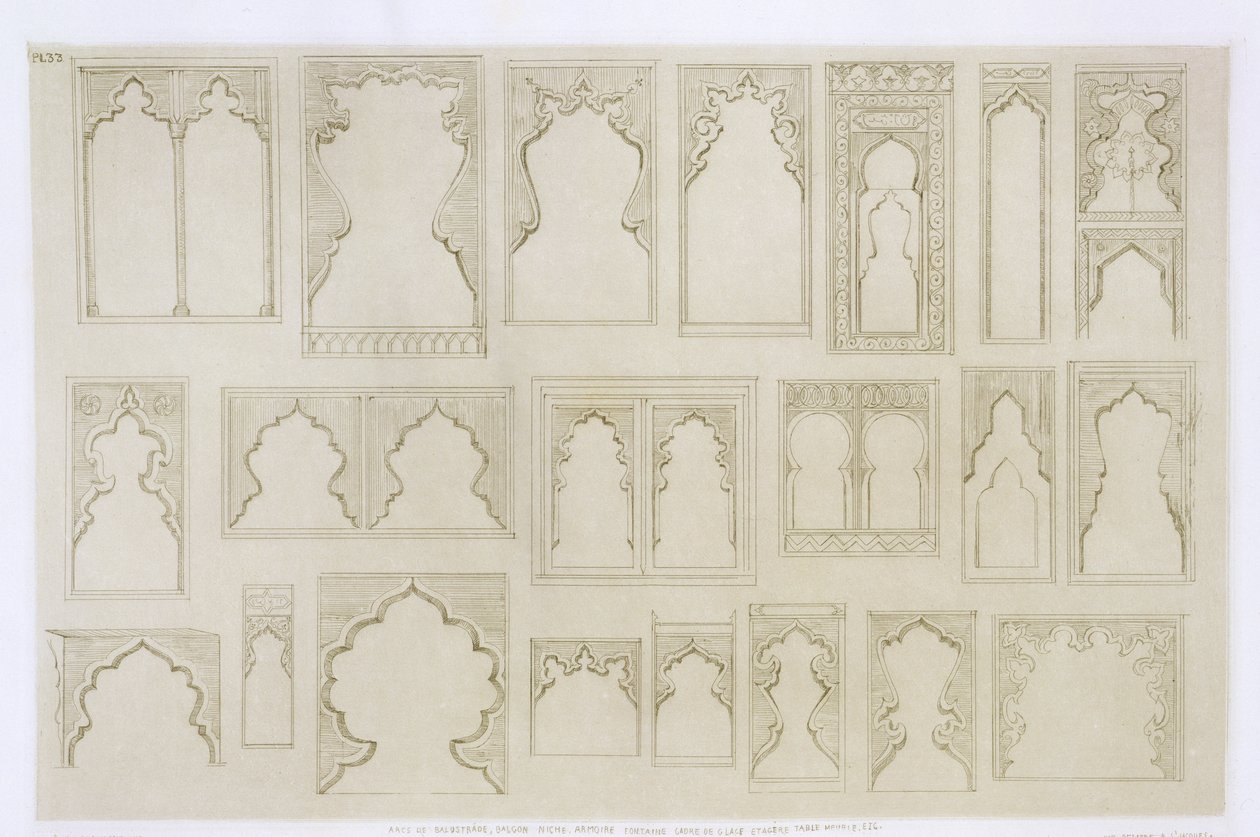 Iszlám és mór ívtervek erkélyekre, ablakokra stb., az "Art and Industry"-ból, a Delatre, Párizs, 1857 alkotó: Jean Francois Albanis de Beaumont