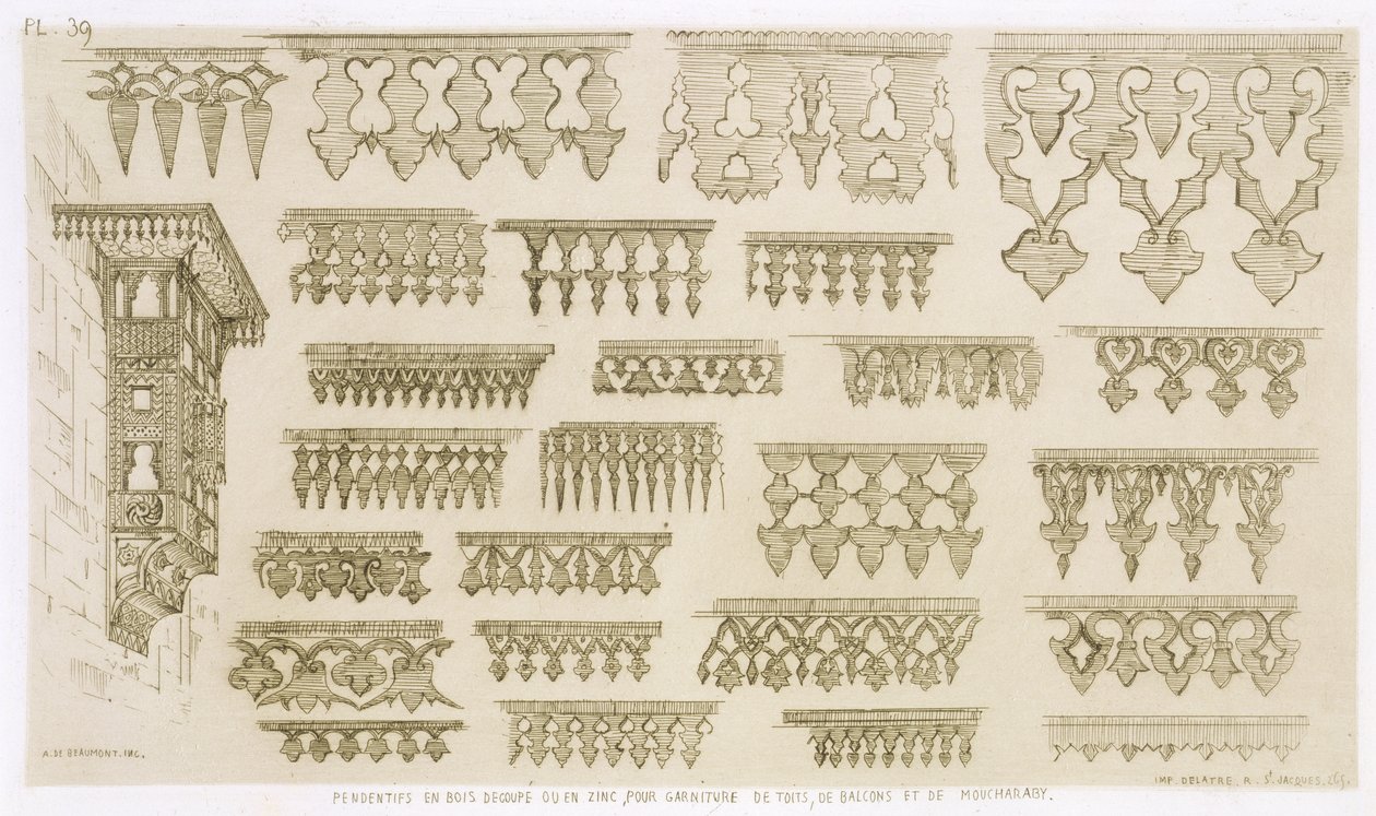 Iszlám minták párkányzatra, erkélyre és mashrabiyah díszítésre, az "Művészet és ipar" című kiadványból, a Delatre, Párizs, 1857 alkotó: Jean Francois Albanis de Beaumont