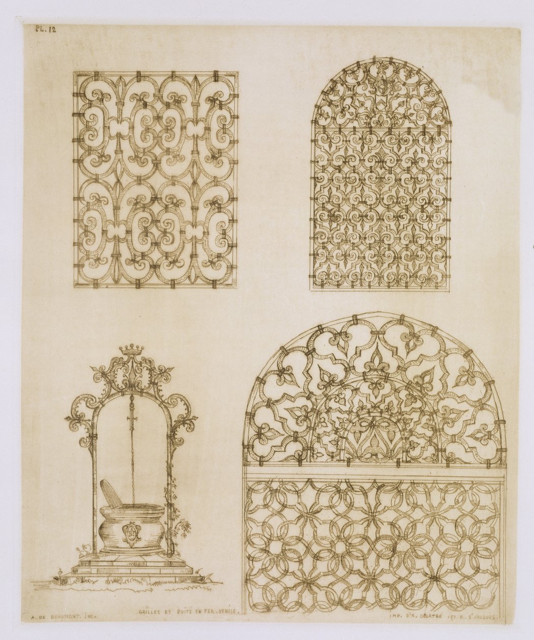 Iszlám kovácsoltvas rácsok ablakokhoz és kutakhoz, a "Művészet és Ipar" kiadványból, kiadó: Delatre, Paris, Paris, 1857 alkotó: Jean Francois Albanis de Beaumont