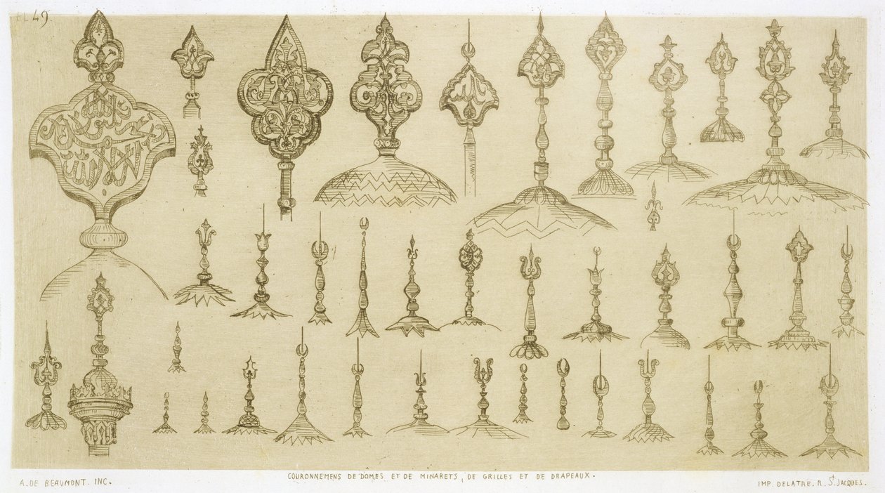 Kupolák és minaretek formájú díszítőgombok, a Delatre által kiadott "Art and Industry" című könyvből, Párizs, 1857. alkotó: Jean Francois Albanis de Beaumont