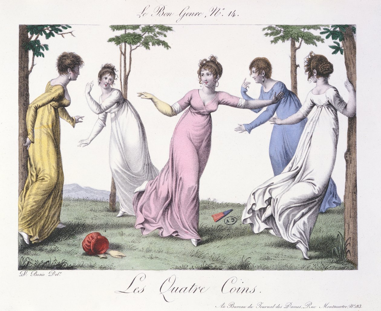 „Les Quatre Coins”, illusztráció a „Le Bon Genre”-ből, tizenkilencedik század eleje (színes metszet) alkotó: Jean Francois Bosio
