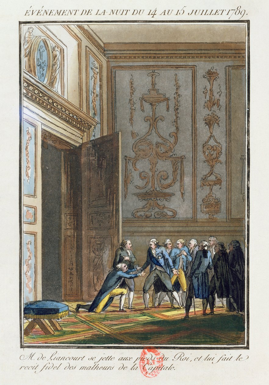 Monsieur de Liancourt (1747-1827) Versailles-ban beszélt XVI. Lajosnak (1754-93) az 1789. július 14-i párizsi eseményekről alkotó: Jean Francois Janinet