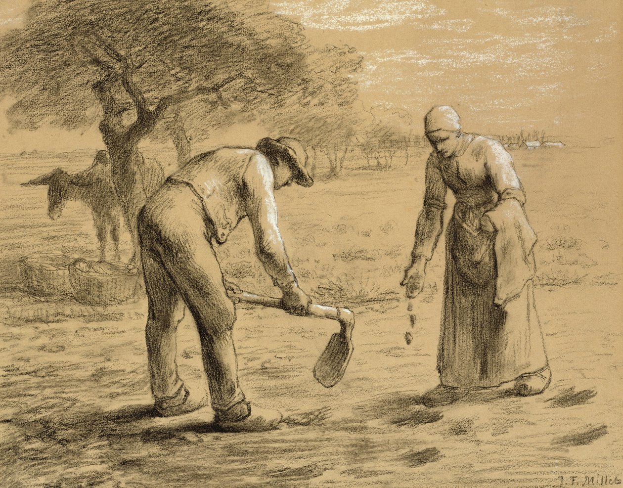 Parasztok ültetnek burgonyát (ceruza és kréta papíron) alkotó: Jean Francois Millet