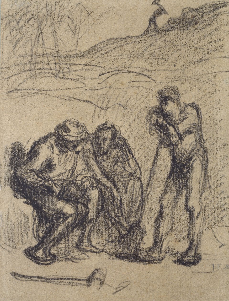 Három paraszt pihen, egy ásóra támaszkodik (fekete zsírkréta a papíron) alkotó: Jean Francois Millet