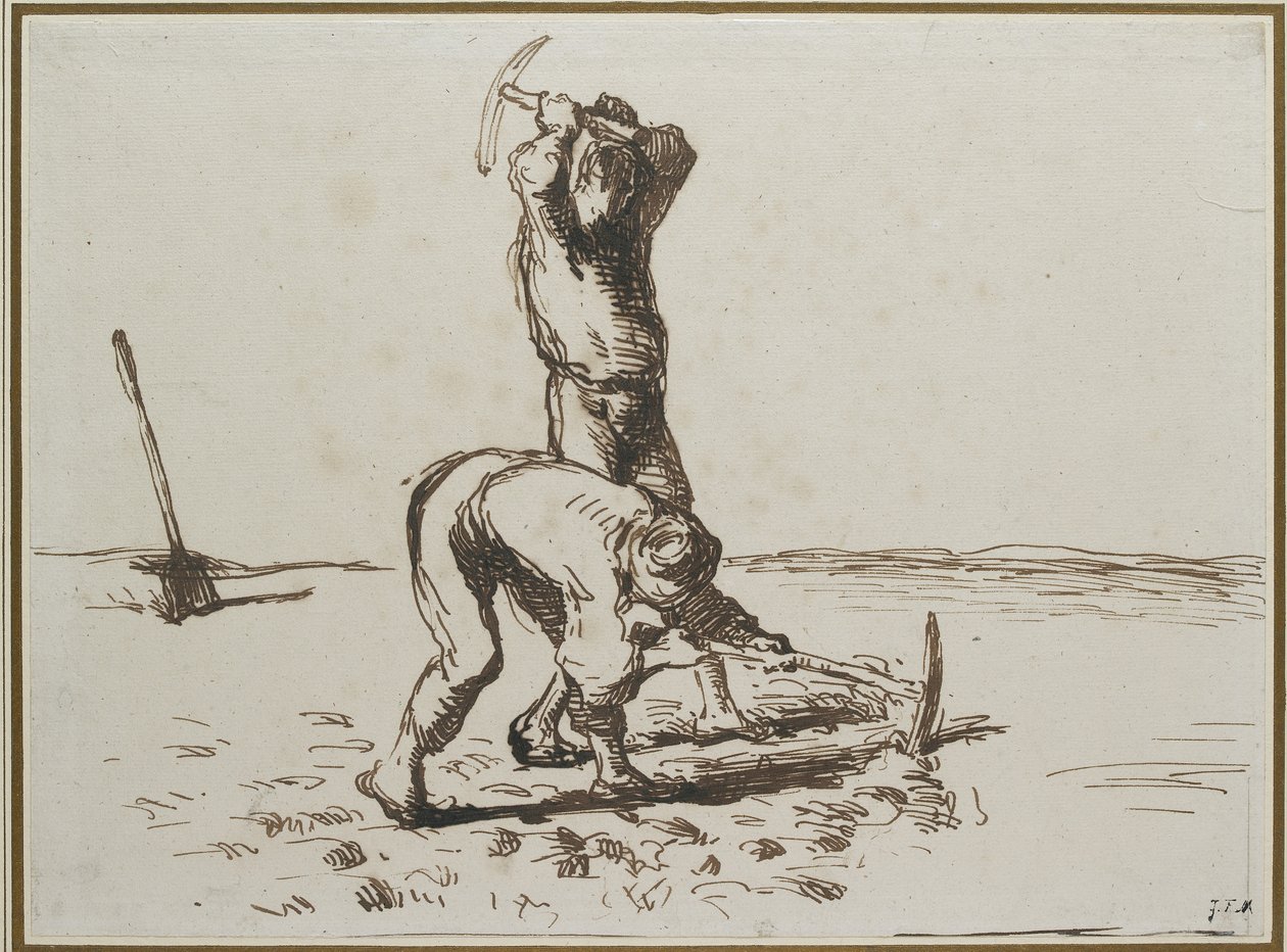 Csákányokkal ásó két paraszt, c. 1844 - 1846 (toll és barna tinta enyhén elszíneződött fehér papíron) alkotó: Jean Francois Millet