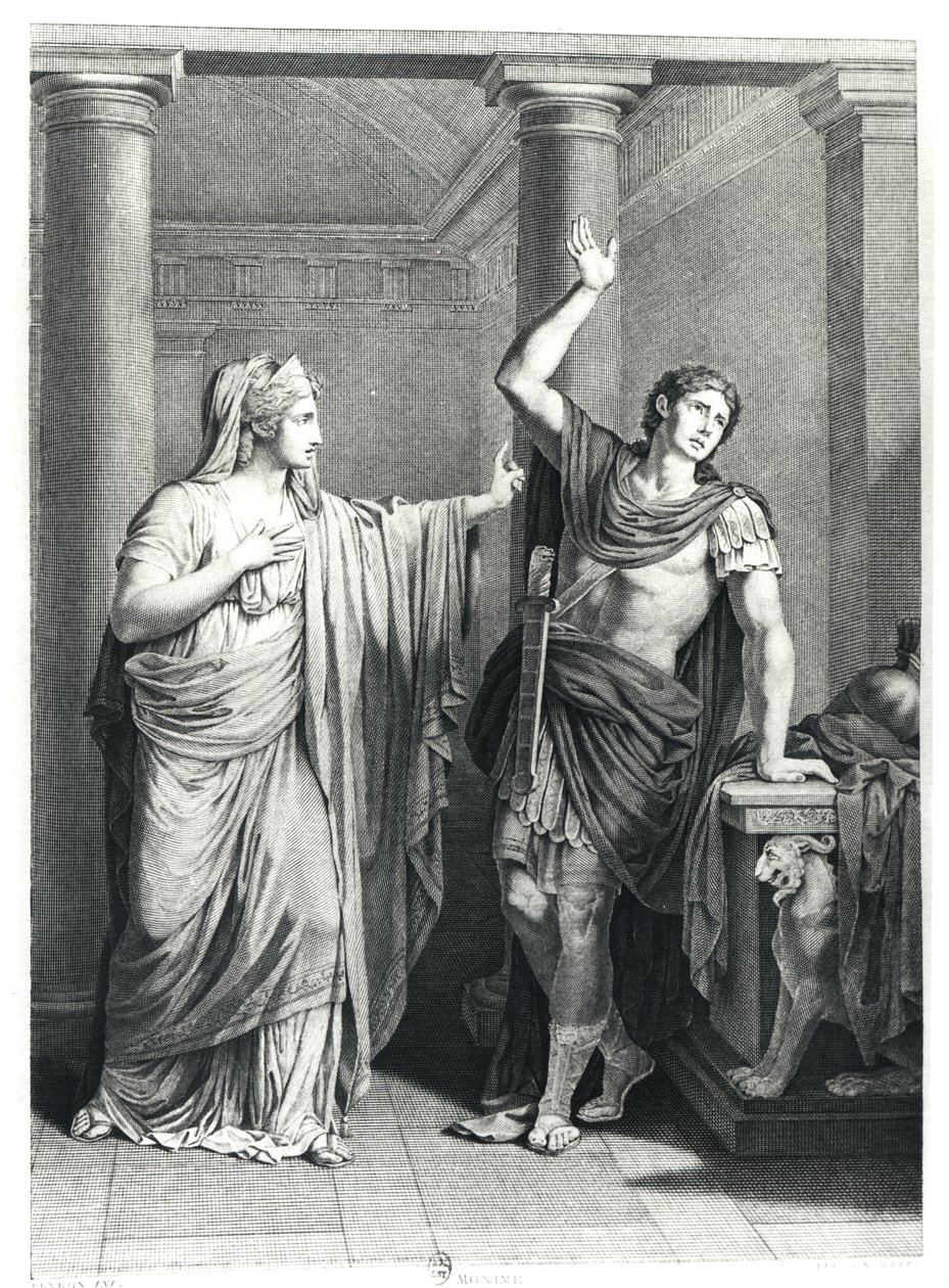 Monime és Xiphares, illusztráció Jean Racine (1639-99) „Mithridate” című művéből, Beisson metszetével alkotó: Jean François Pierre Peyron