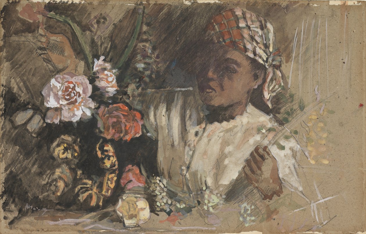 Fekete nő bazsarózsával, 1870 körül (wc, gouache, kréta és grafit a kártyán) alkotó: Jean Frederic Bazille