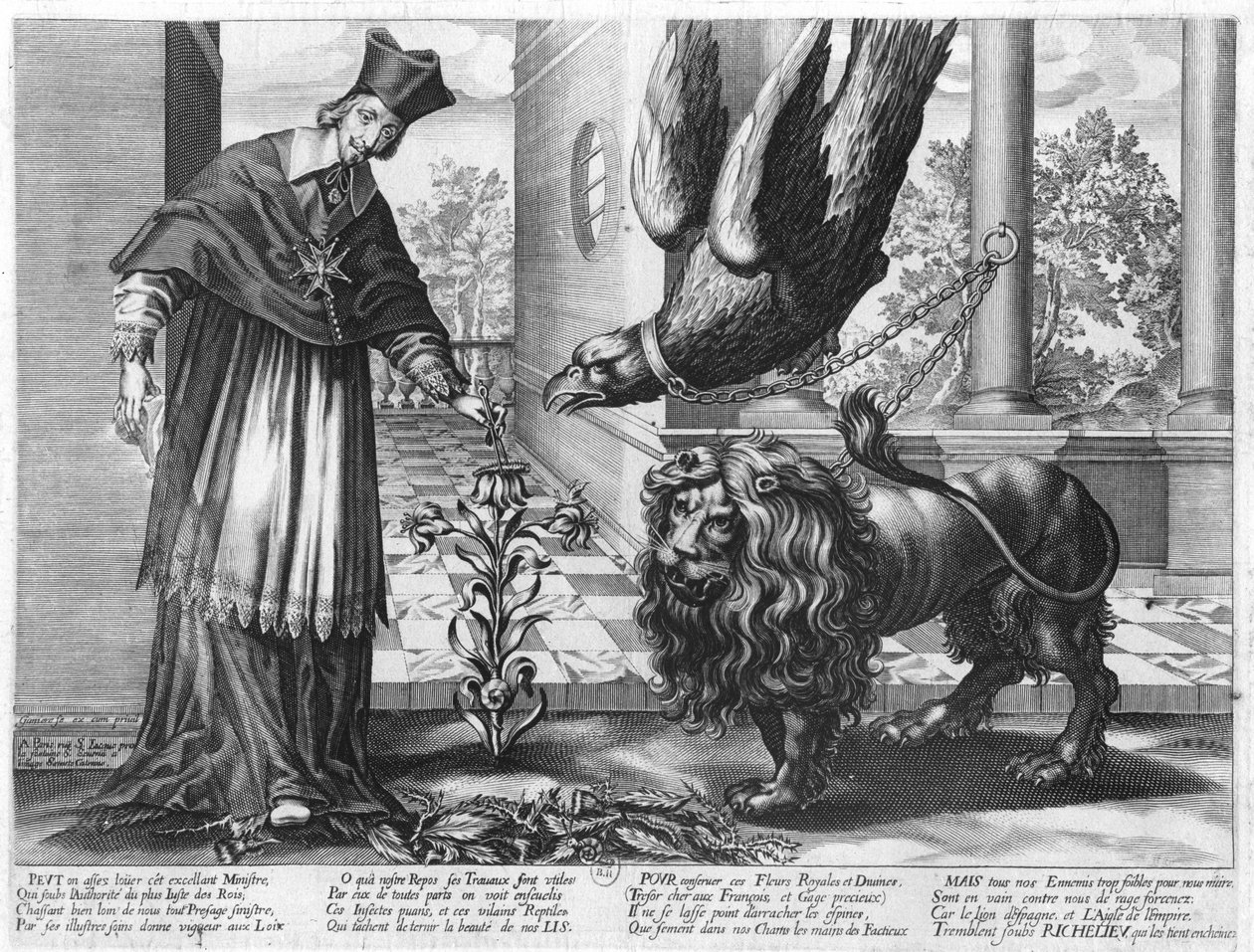 Allegória Richelieu bíboros (1585-1642) dicséretére, aki Ausztria (a sas), Spanyolország (az oroszlán) és a Franciaországon belüli ellenségek (a hernyók) ellen harcolt 1628 alkotó: Jean Ganiere or Gagniere