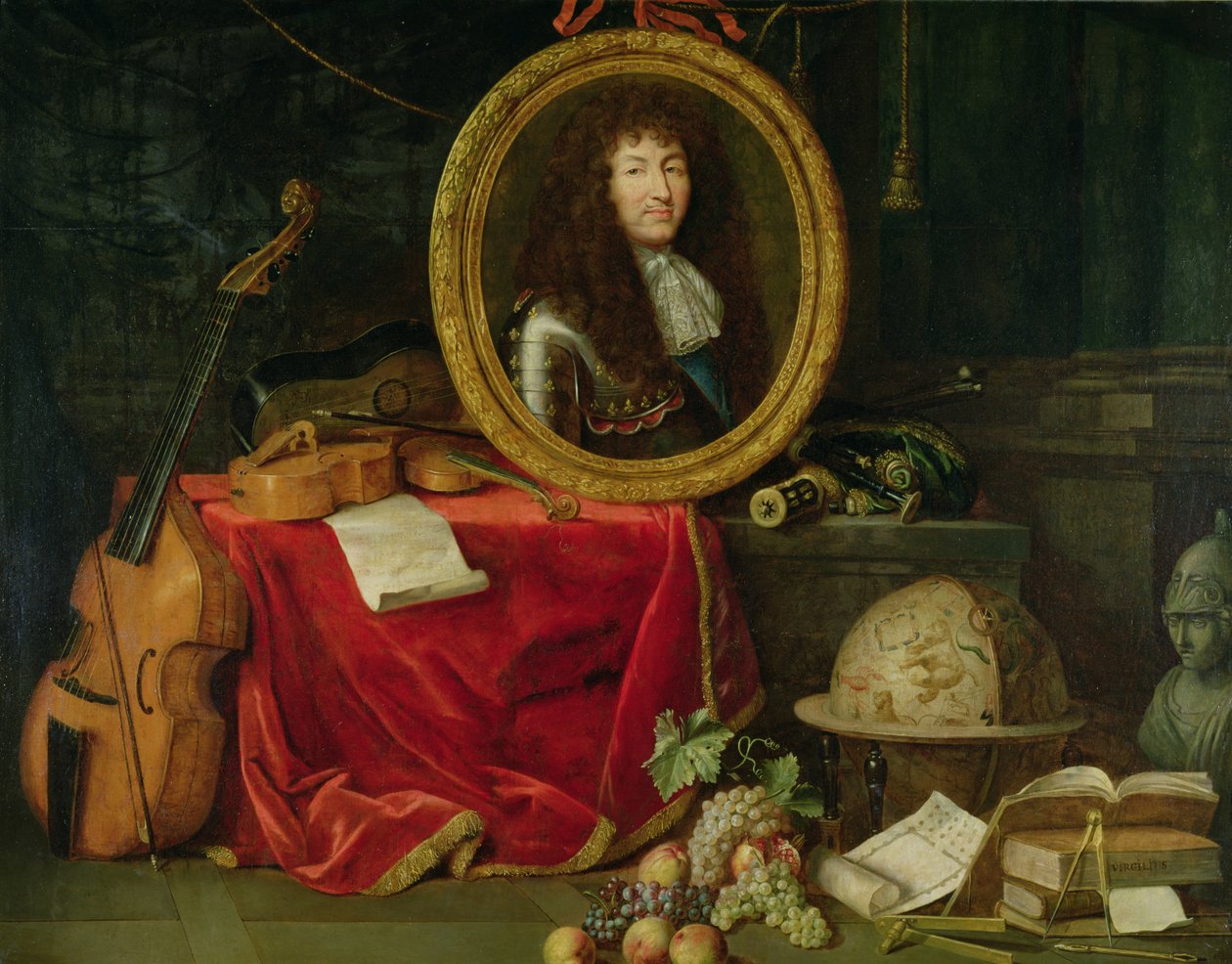 Csendélet XIV. Lajos király (1638-1715) portréjával hangszerekkel, virágokkal és gyümölcsökkel körülvéve, 1672 alkotó: Jean Garnier