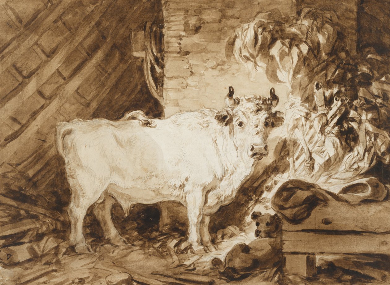 Fehér bika és kutya istállóban alkotó: Jean Honore Fragonard