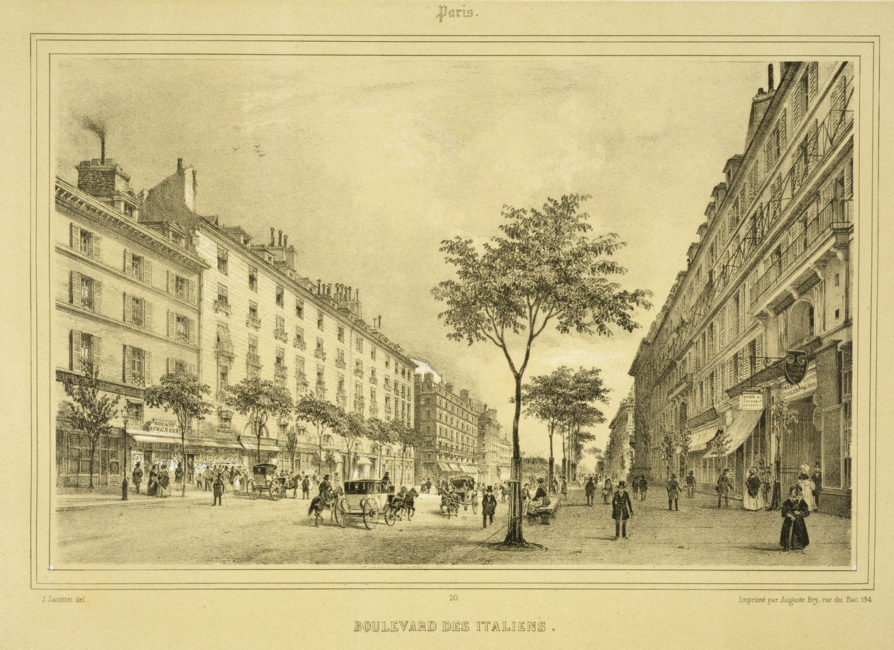 Boulevard des Italiens, a "Paris et ses Environs" című, 1850-60-as évek körüli kiadványból. alkotó: Jean Jacottet